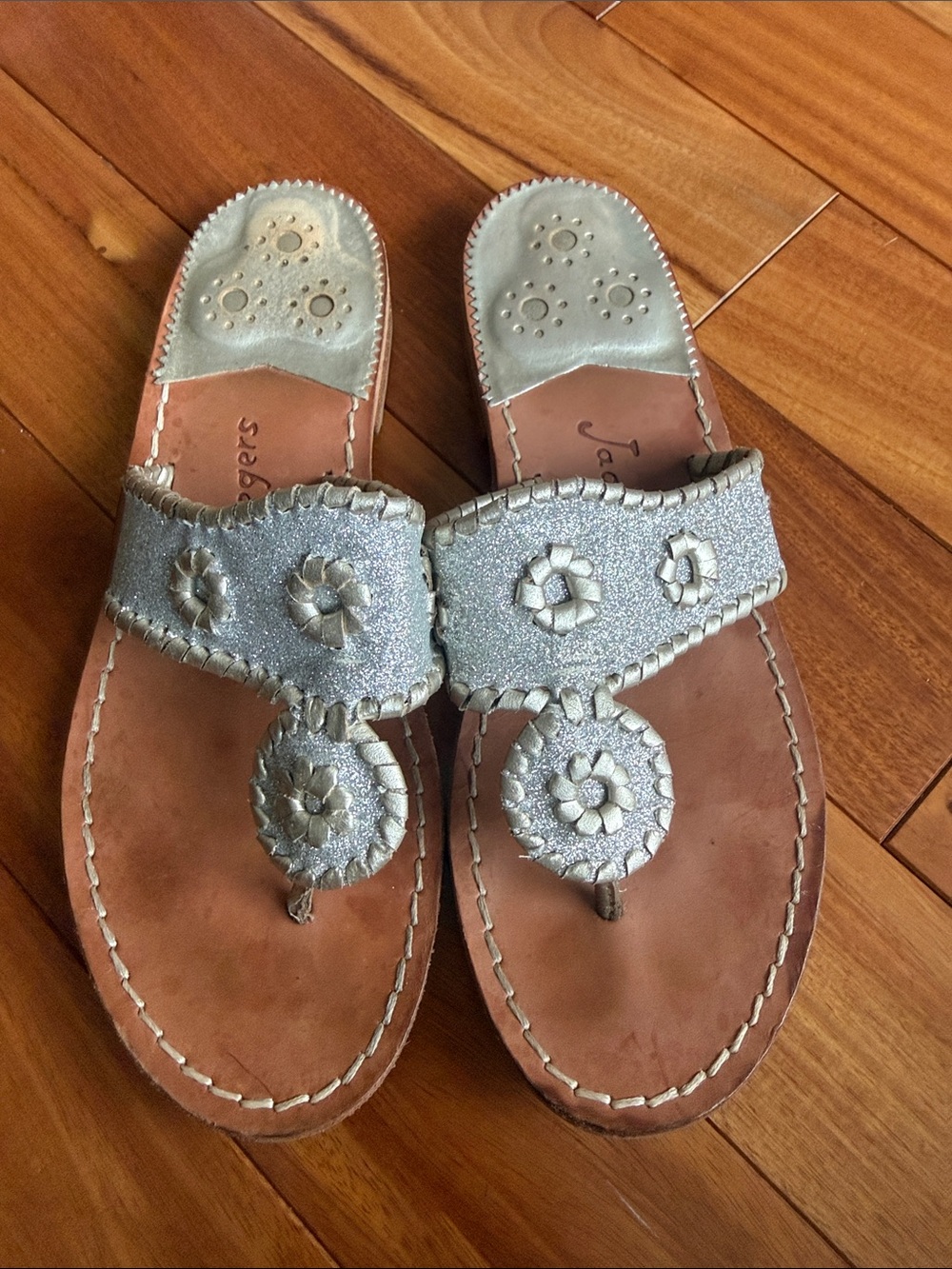 Jack Rogers Silver Glitter Leather Thong Sandals